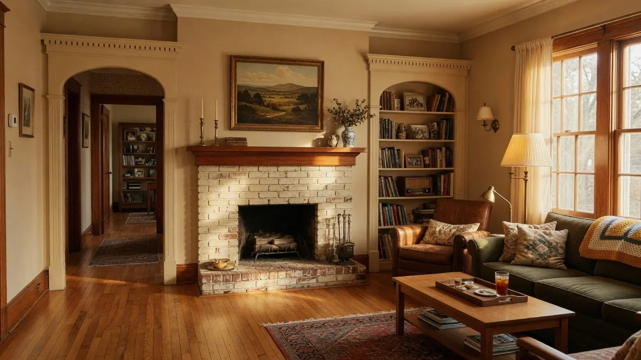 Warm, inviting living room of an established Tulsa home with hardwood floors, a fireplace, built-in bookshelves, and natural afternoon light