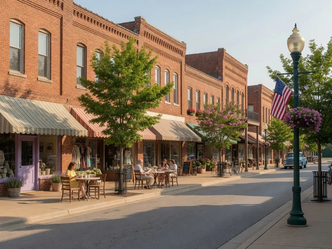 Historic downtown Broken Arrow Rose District with brick buildings and local shops