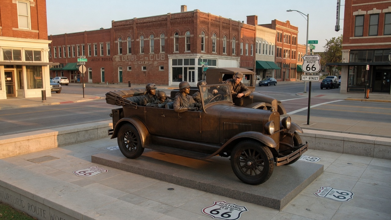 The Cyrus Avery Centennial Plaza bronze sculpture at the historic Route 66 and 11th Street intersection in downtown Tulsa