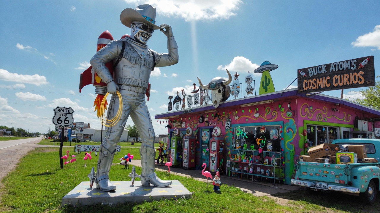 Buck Atom's Cosmic Curios on Route 66 in East Tulsa, with the 20-foot Space Cowboy statue out front