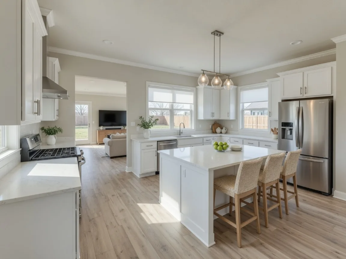 Bright modern kitchen in a newly built Owasso home with quartz countertops, white cabinetry, and natural light