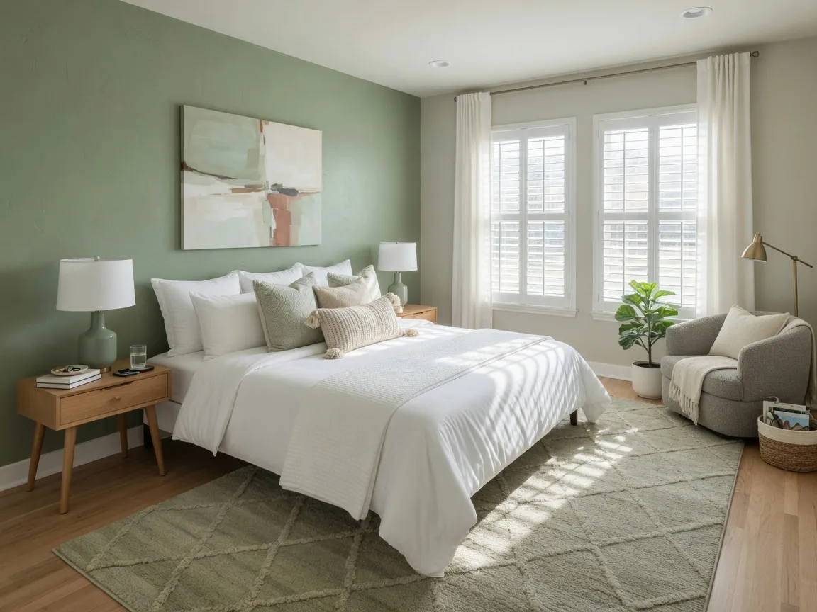 Spacious master bedroom in a modern Oklahoma suburban home with natural light and warm neutral tones