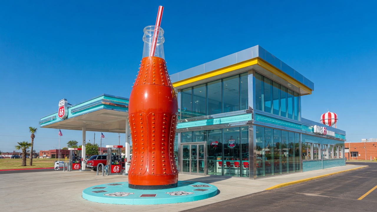 POPS 66 soda ranch on Route 66 in Arcadia Oklahoma, featuring the iconic 66-foot-tall illuminated soda bottle sculpture