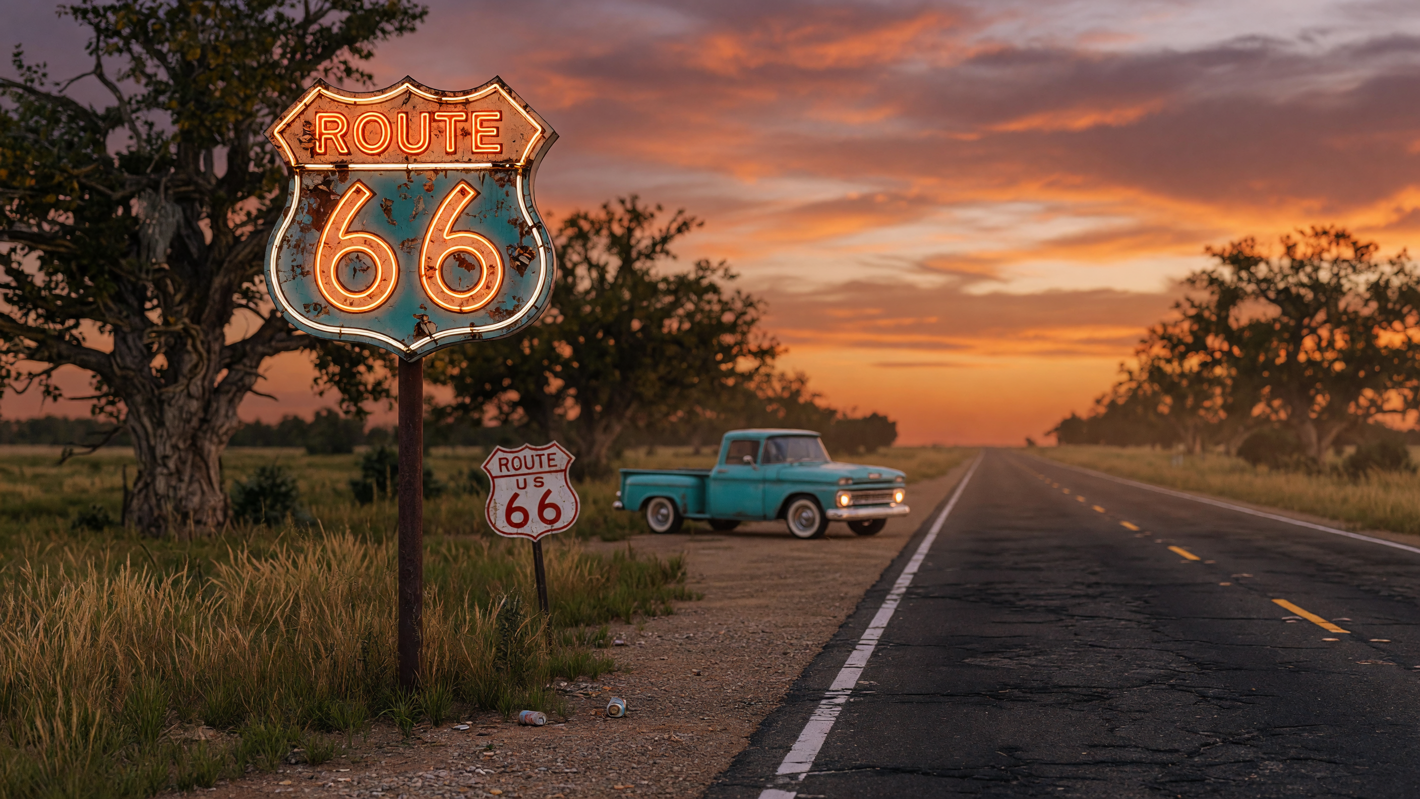 Vintage Route 66 neon sign glowing at golden hour on the Mother Road in Oklahoma