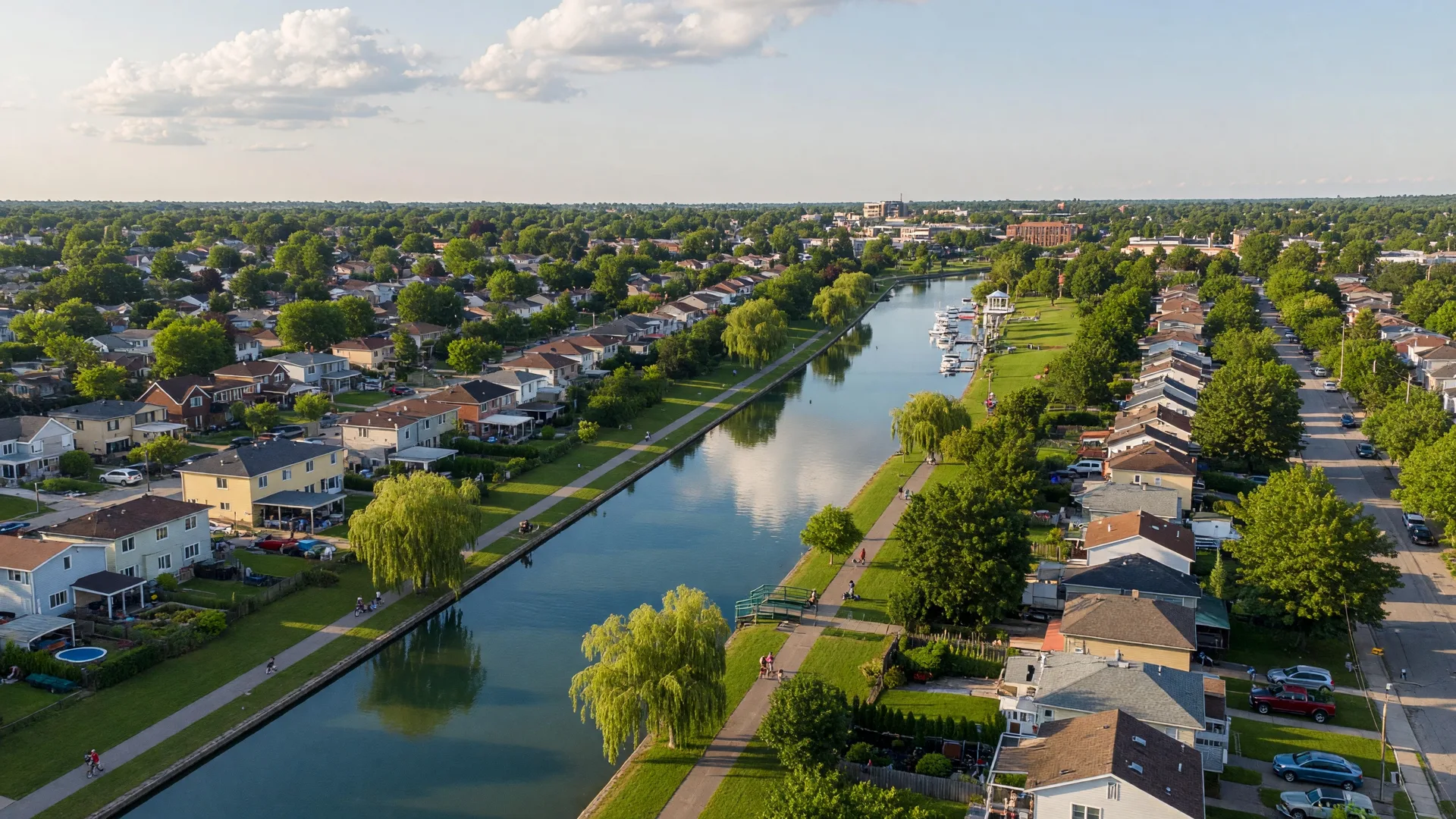 Aerial view of the Welland Canal waterway winding through a tree-lined neighbourhood on a sunny afternoon