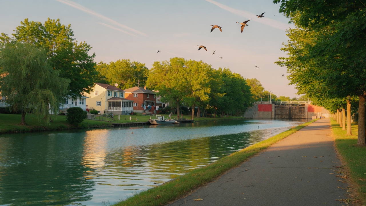 Scenic view of the Welland Canal recreational waterway on a sunny afternoon with tree-lined trails
