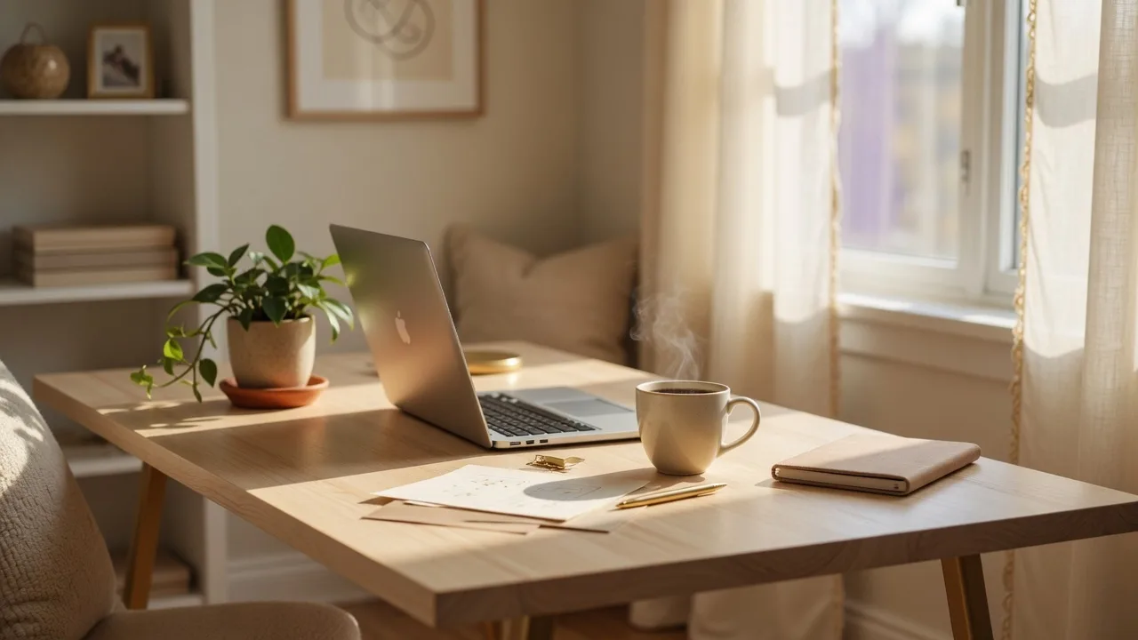 A bright workspace with a laptop, coffee cup, and small plant on a light wooden desk, evoking thoughtful financial planning