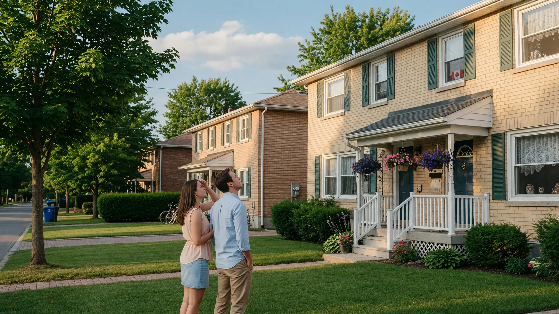 Young couple looking at a home in Welland on a bright summer afternoon, representing buyer confidence in the Niagara market