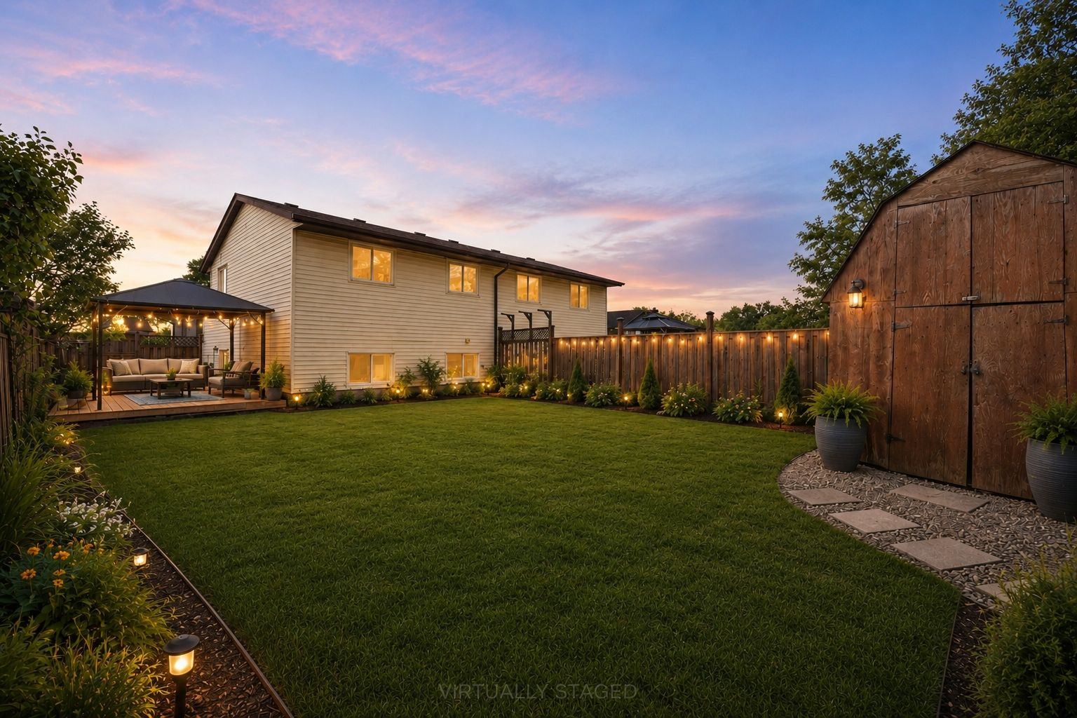 Virtually staged backyard patio with gazebo and outdoor seating