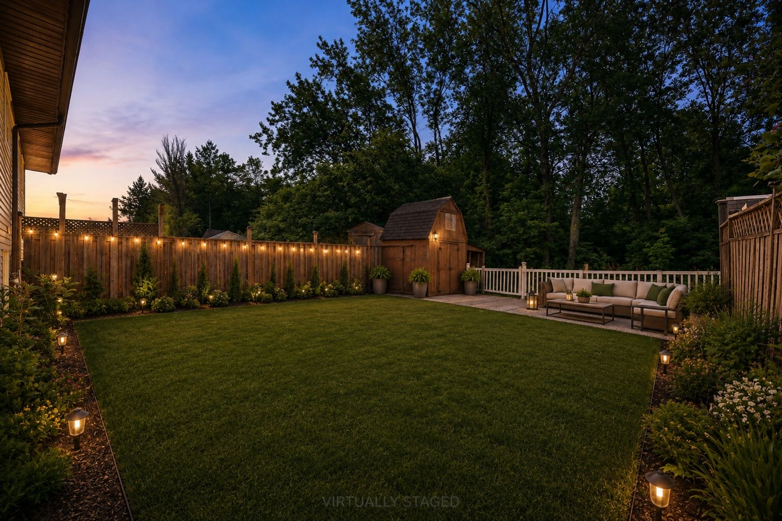 Virtually staged backyard patio at twilight with string lights