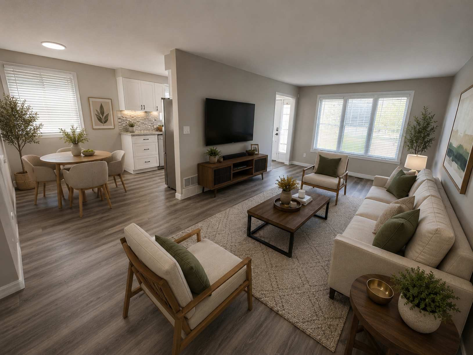 Virtually staged open-concept living and dining area with modern neutral furnishings and natural light