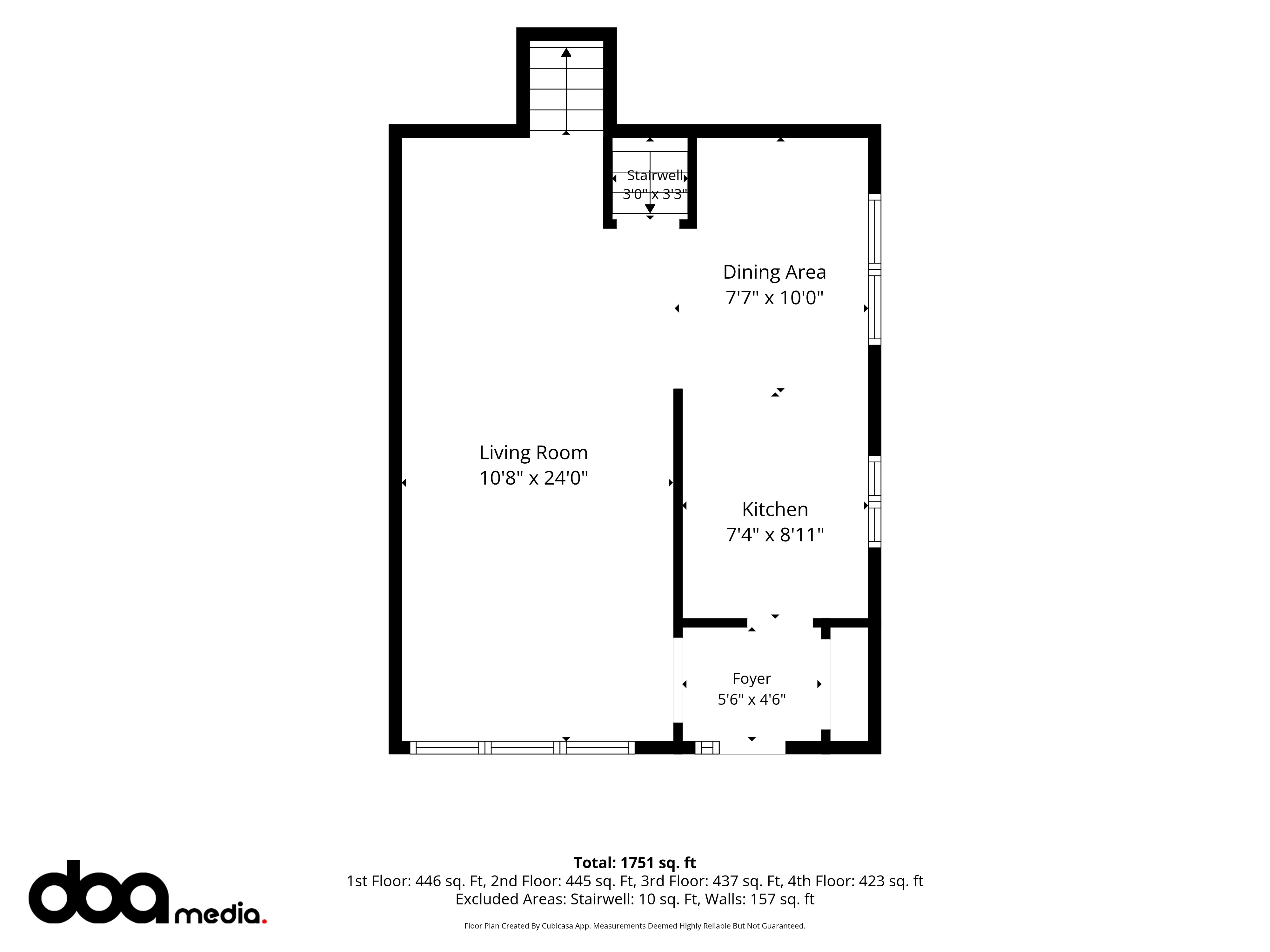 Floor plan of the main level showing Living Room, Dining Area, Kitchen, Foyer, and staircase