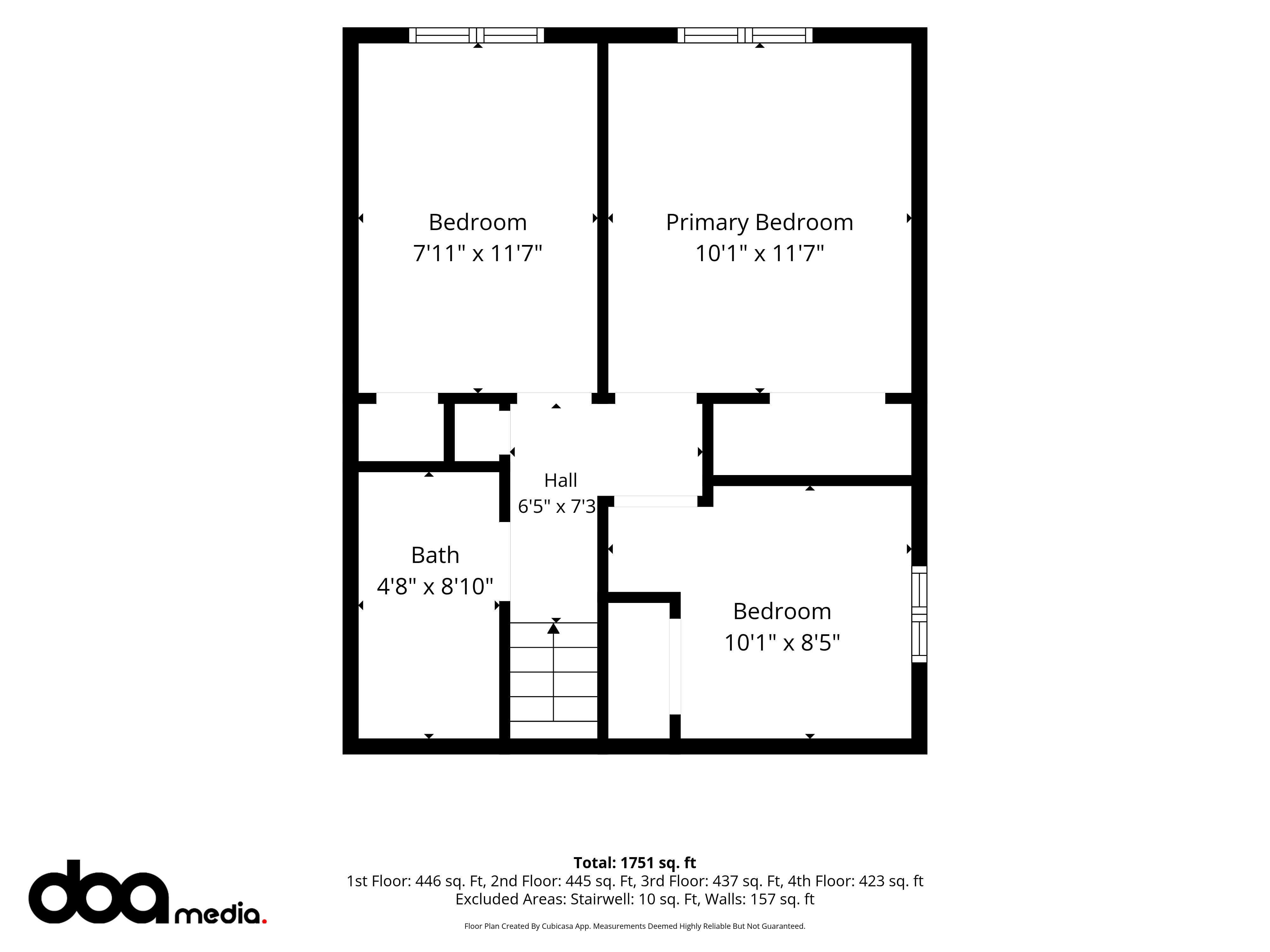 Floor plan of the upper level showing Primary Bedroom, two additional bedrooms, and bathroom