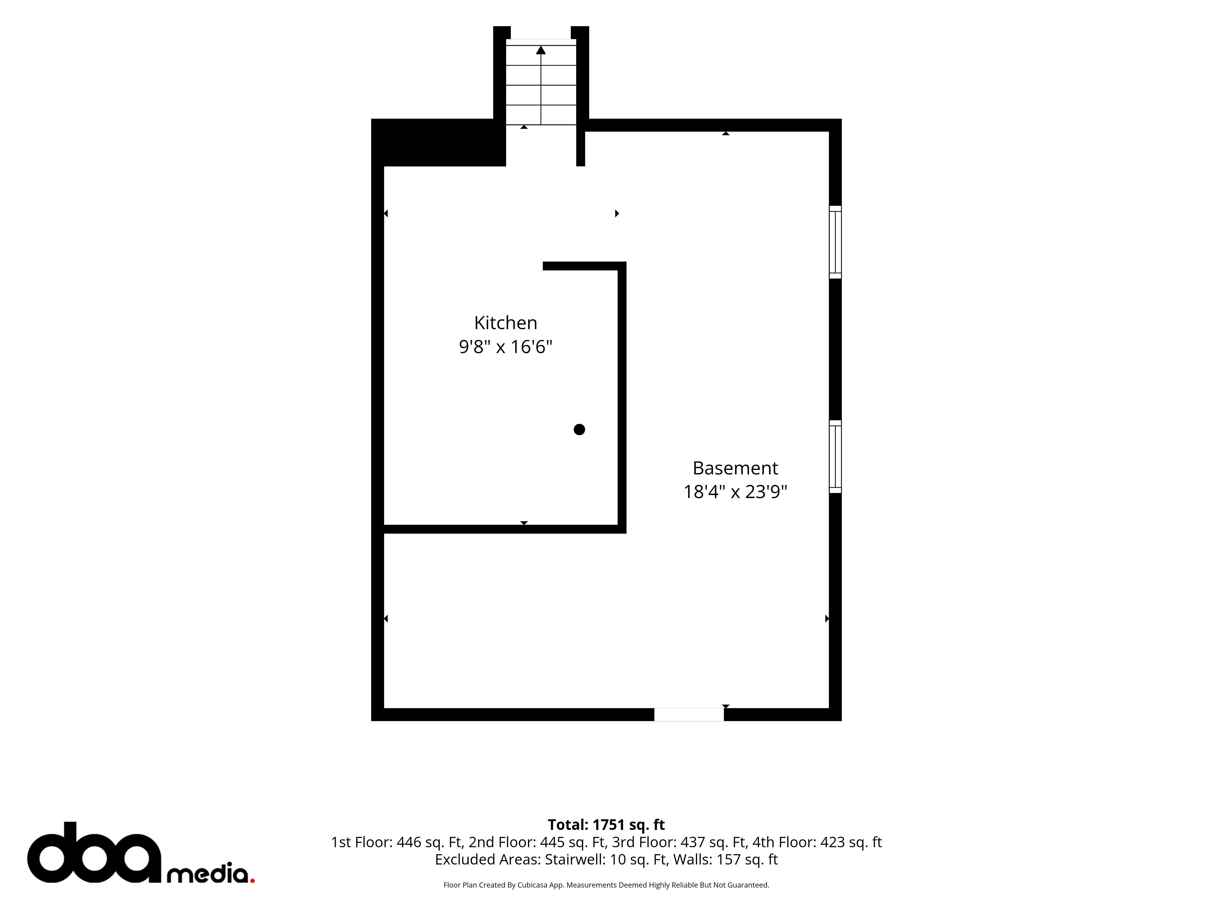 Floor plan of the basement showing kitchen and large open-concept living area
