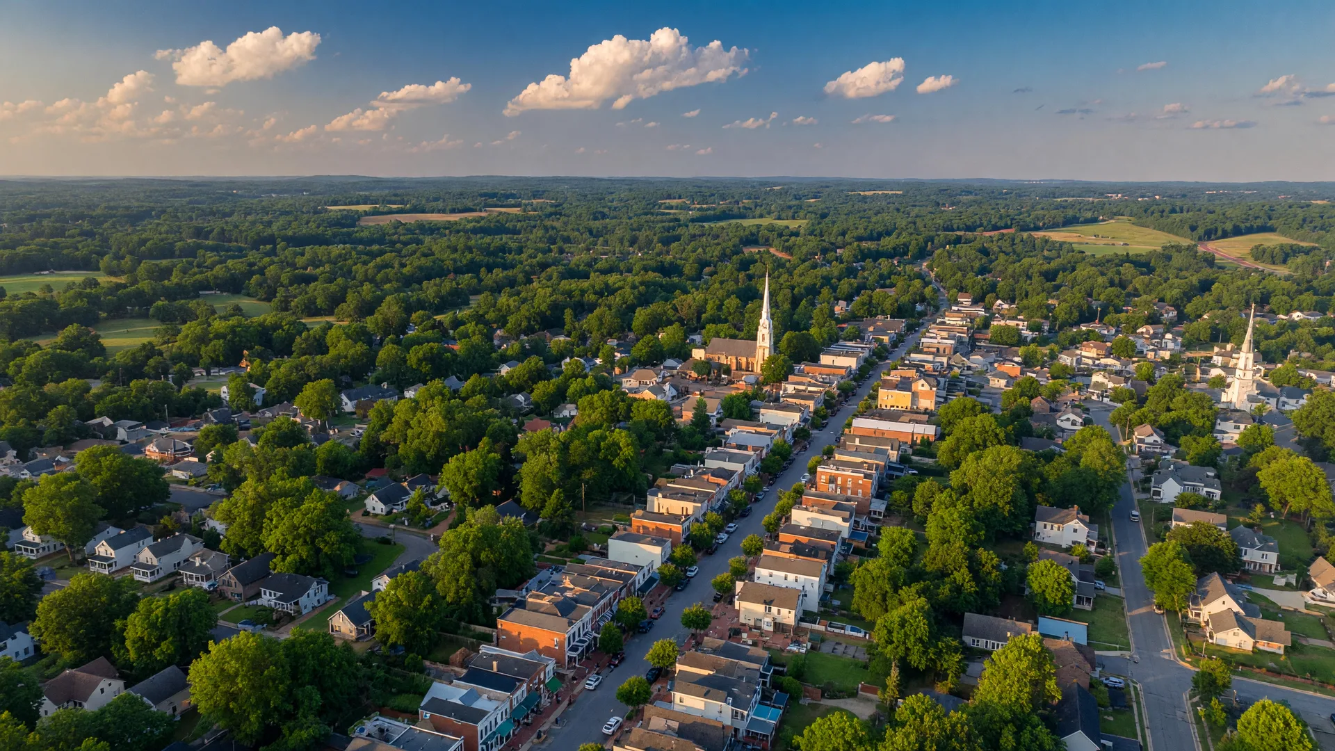 Aerial view of Apex North Carolina with tree canopy and charming downtown