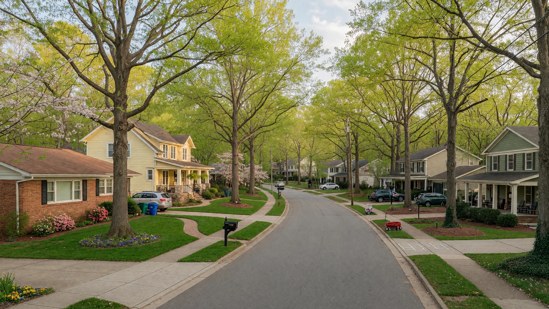 Tree-lined suburban street in Cary NC