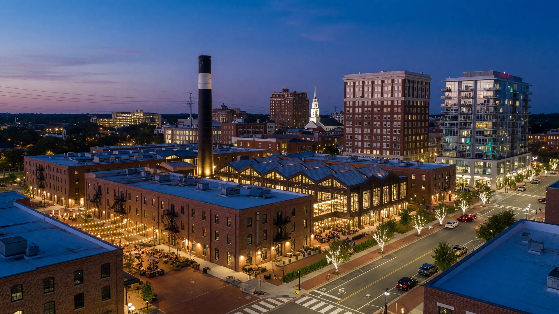 Downtown Durham NC cityscape at dusk