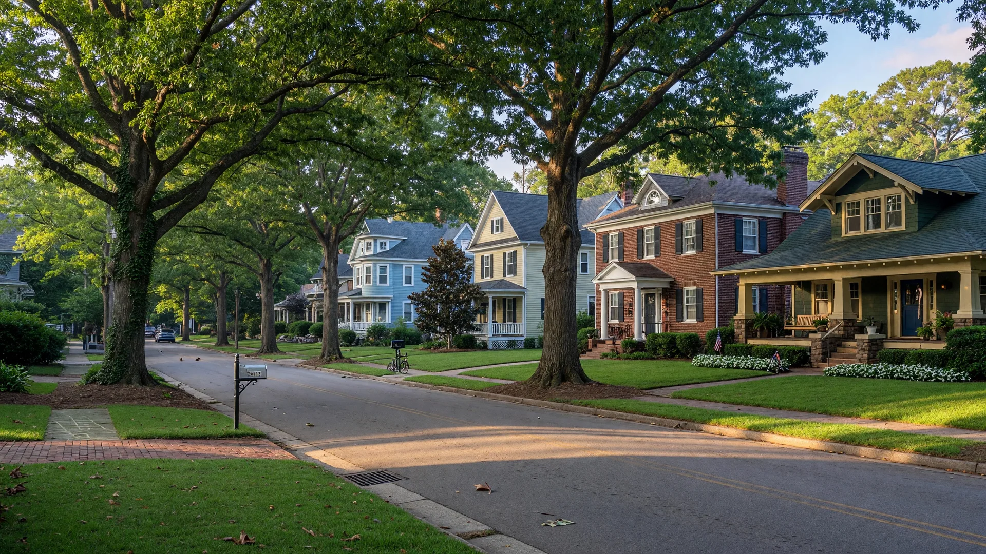 Residential neighborhood in Raleigh NC with oak-lined streets