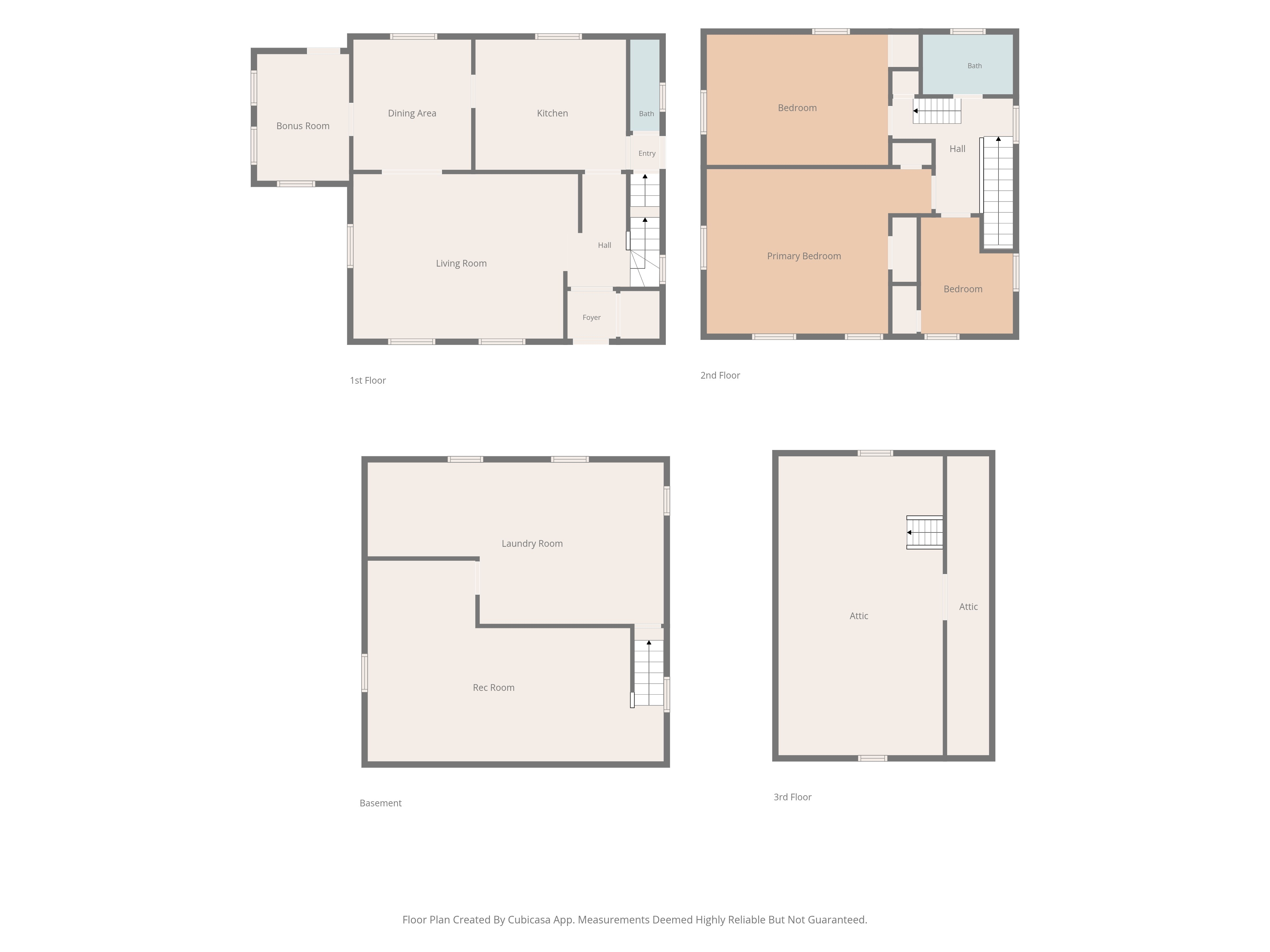 Full floor plan showing layout across basement, first floor, second floor, and attic