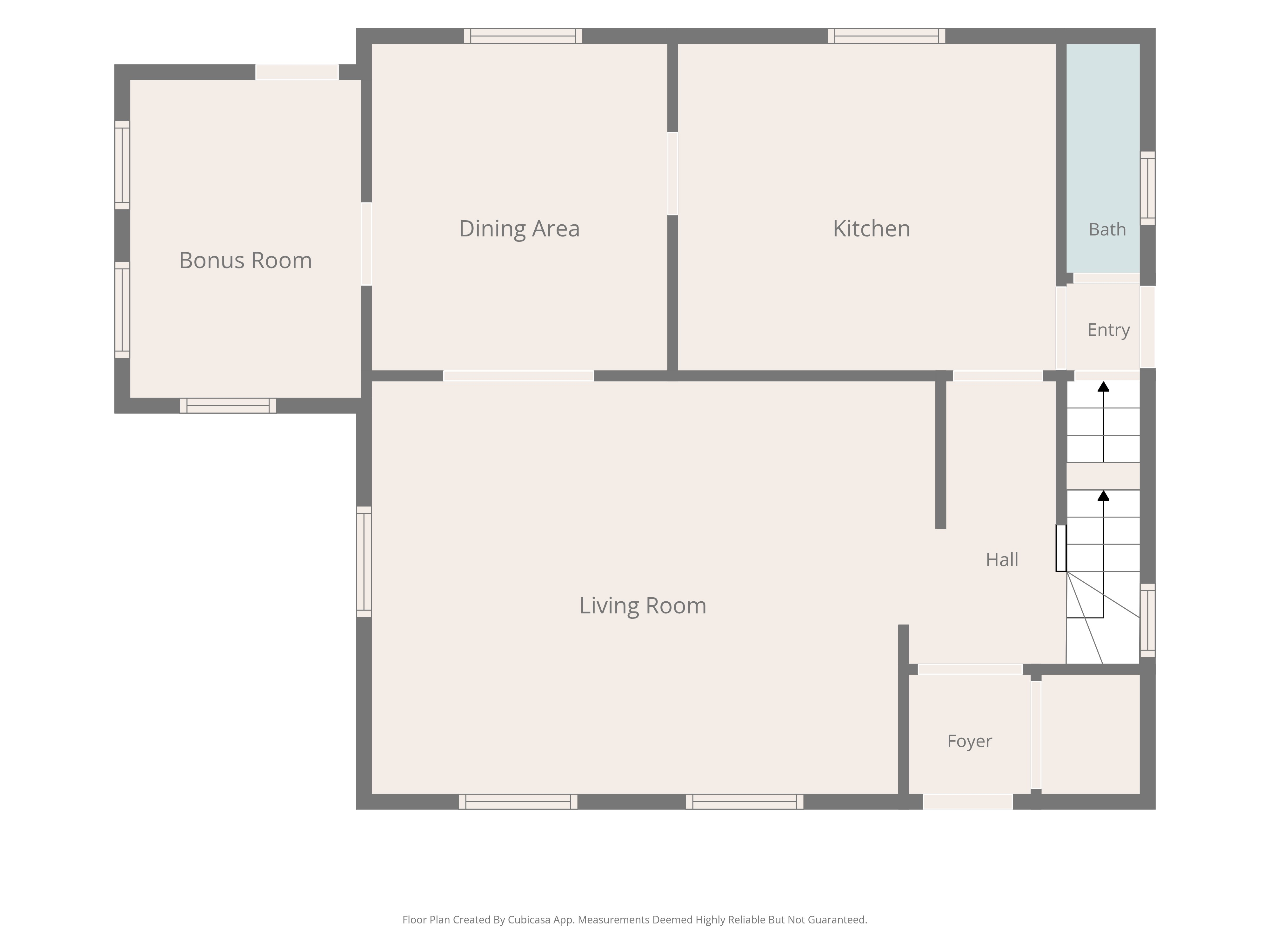 Main level floor plan showing living room, dining, kitchen, bonus room and bath