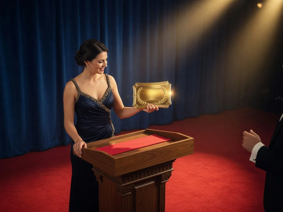 Sam Silver standing on a red carpet holding a professional award certificate at a branded event