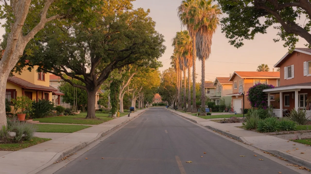 Tree-lined residential street in a Southern California neighborhood with mature trees, sidewalks, and family homes