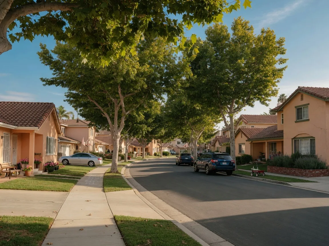 A tree-lined residential street in a Ventura County neighborhood with mature trees, sidewalks, and well-kept suburban homes