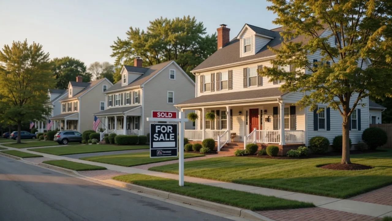 A well-maintained suburban home with a For Sale sign on the front lawn on a sunny afternoon