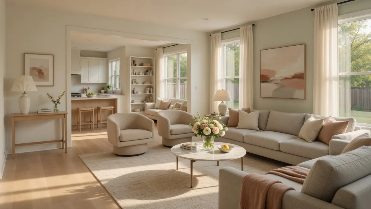 A bright, well-staged living room with neutral furnishings and natural light, ready for prospective buyers