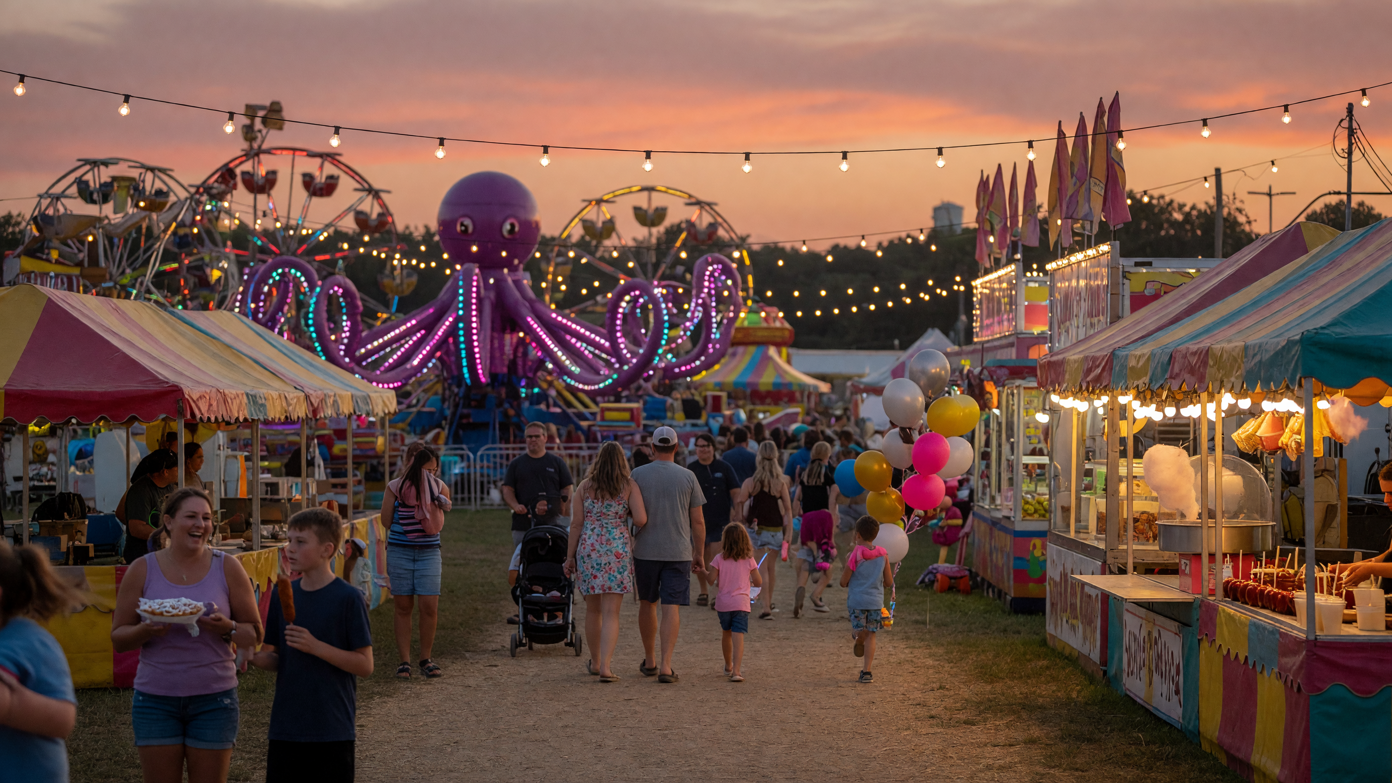 A festive county fair midway with colorful carnival rides and lights at golden hour