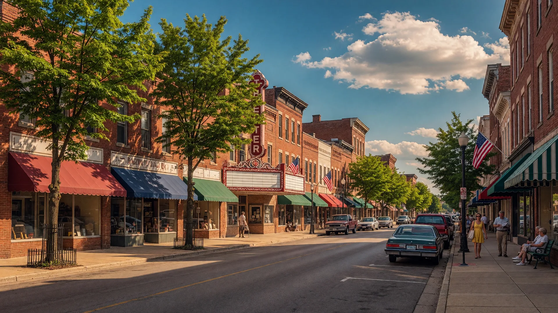 Historic downtown Wilmington, Ohio main street with brick buildings and a theater marquee