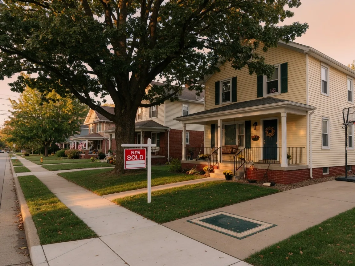 A cozy suburban home with a Sold sign in the front yard in a quiet Ohio neighborhood
