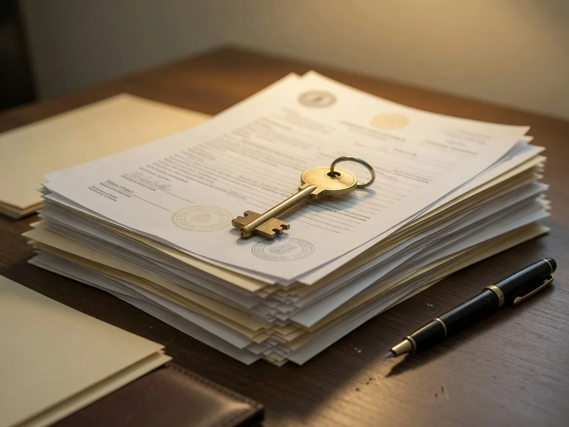 A house key resting on a stack of real estate closing documents with a pen nearby
