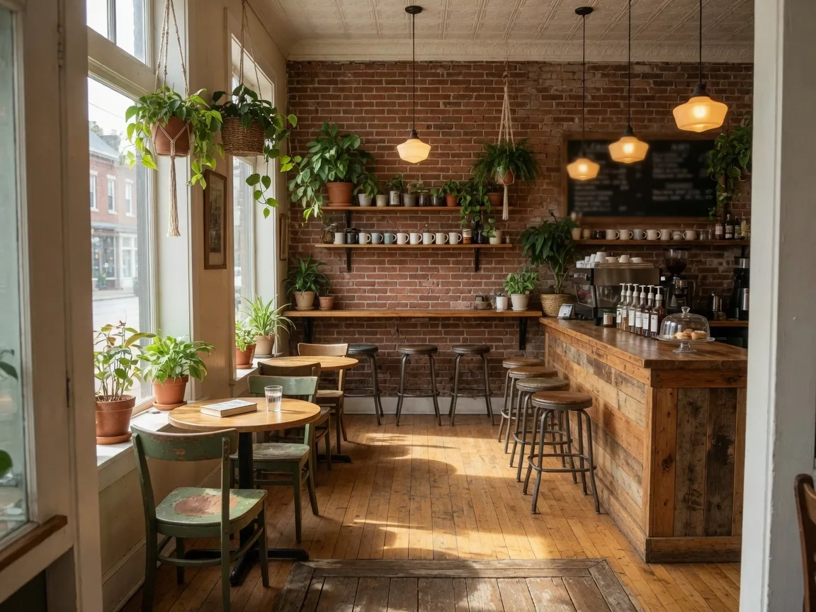 A cozy independent coffee shop interior with warm wood accents and natural light through large windows in downtown Wilmington Ohio