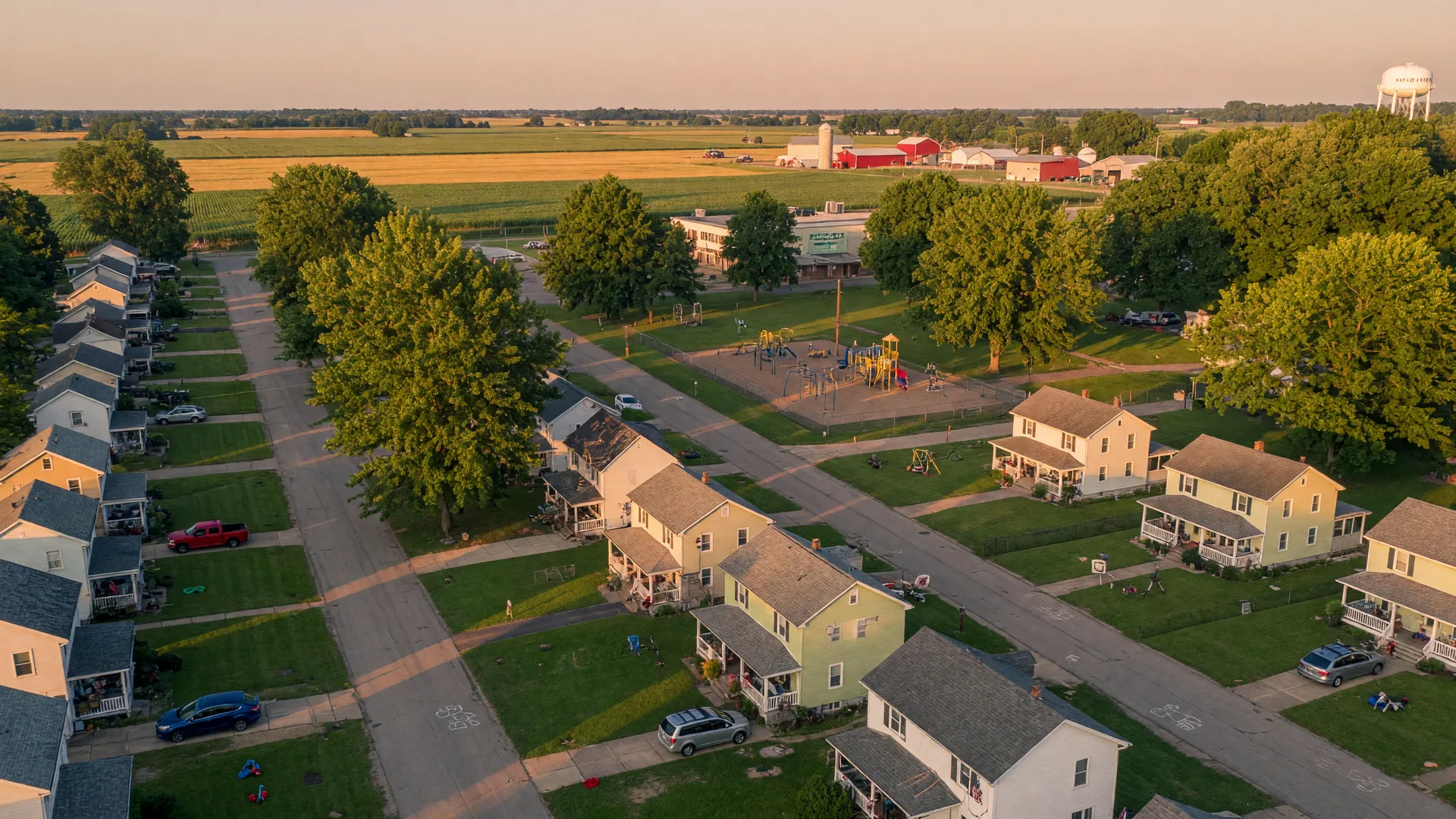 A tree-lined residential neighborhood in Wilmington, Ohio with well-maintained family homes and green lawns
