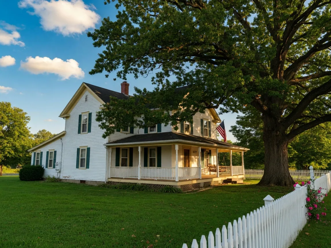 A historic Ohio farmhouse with a wraparound porch set against a bright blue sky