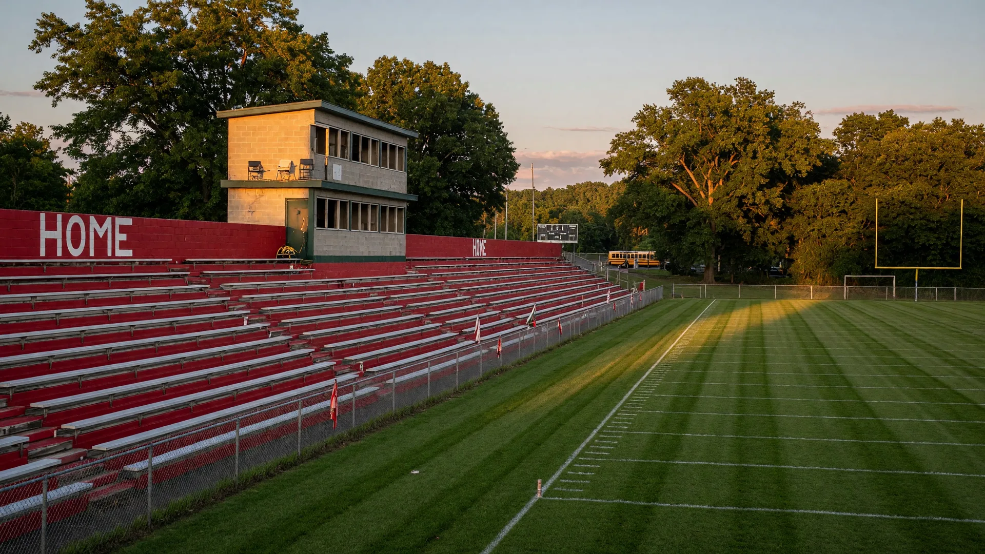 A high school football stadium in Clinton County, Ohio in July with golden summer light filtering through trees behind the bleachers and goalposts standing ready for the upcoming season