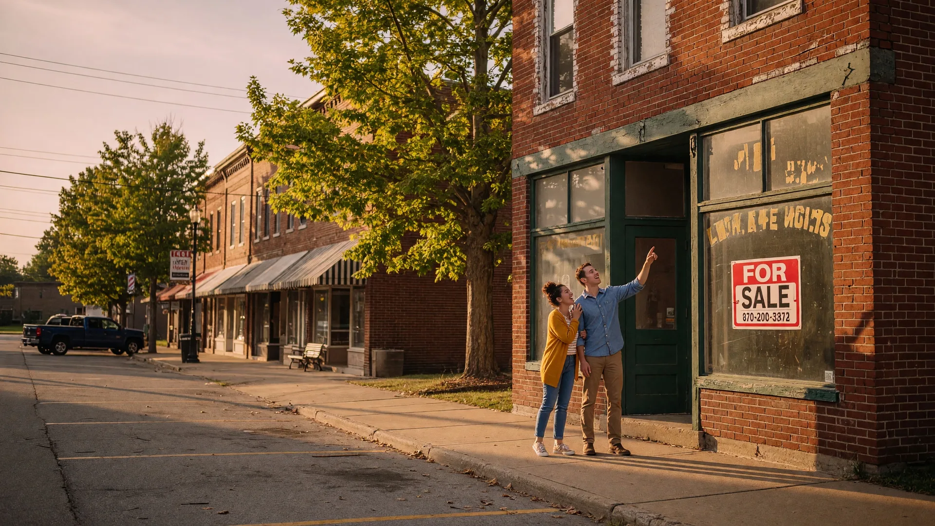 Welcoming brick storefront on a small-town Ohio main street on a warm afternoon
