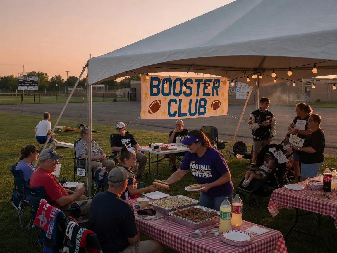 A community booster club gathering on a summer evening with families and volunteers near a tent at a local Ohio sports facility