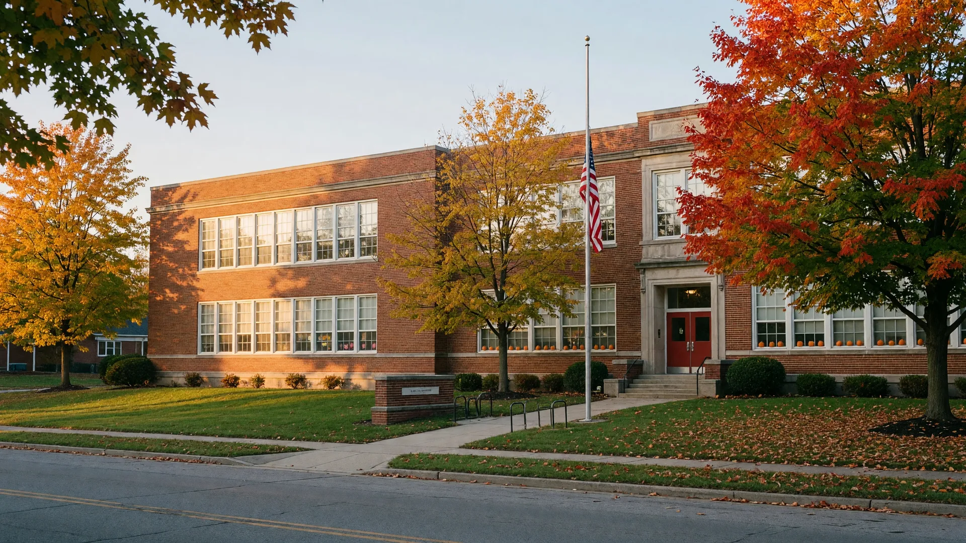 A charming small-town Ohio elementary school with a red brick facade and green lawn on a bright morning