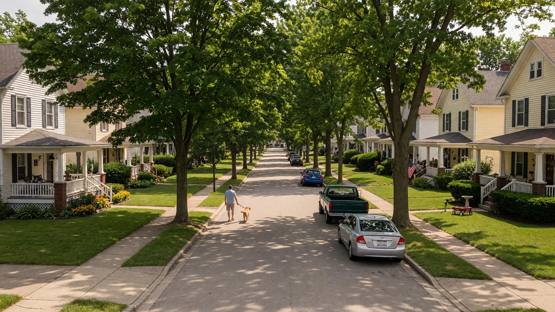 Tree-lined residential street in Wilmington, Ohio with traditional homes on a sunny summer afternoon