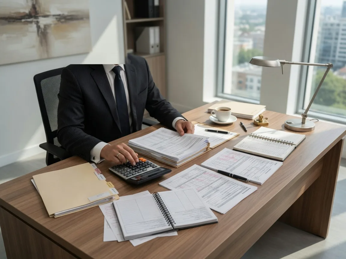Professional loan officer working at a desk with documents in a bright modern office