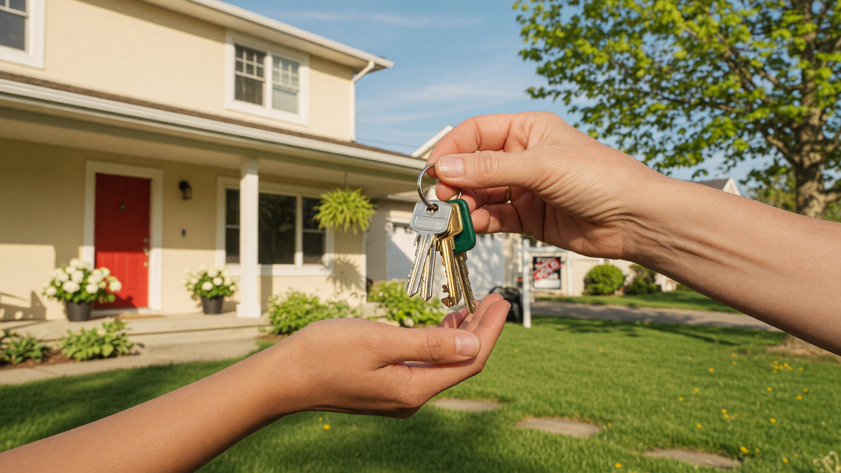 House keys being handed over in front of a suburban home, symbolizing a first-time home purchase
