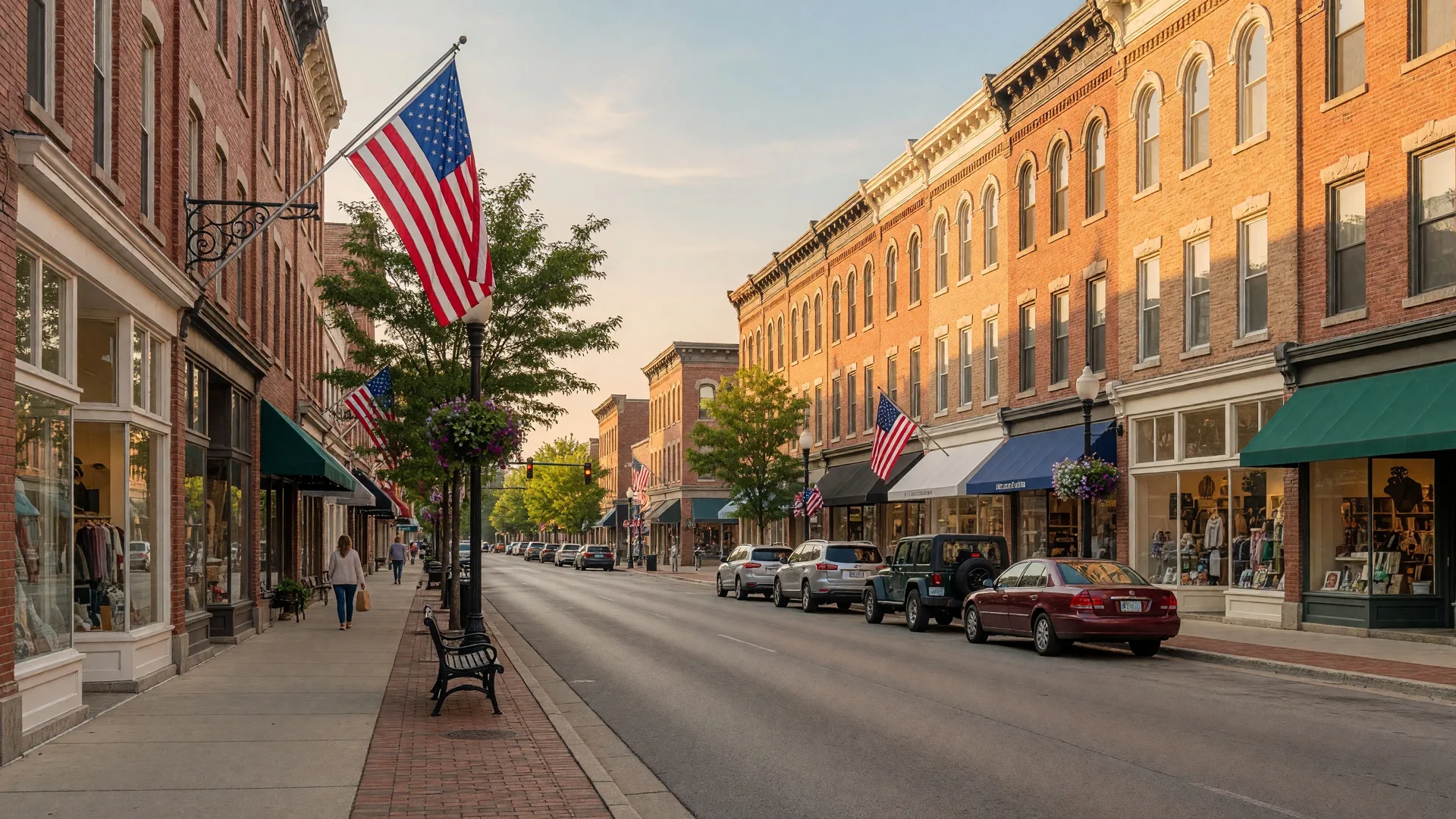 A charming downtown main street in Wilmington Ohio featuring brick storefronts and a walkable pedestrian atmosphere
