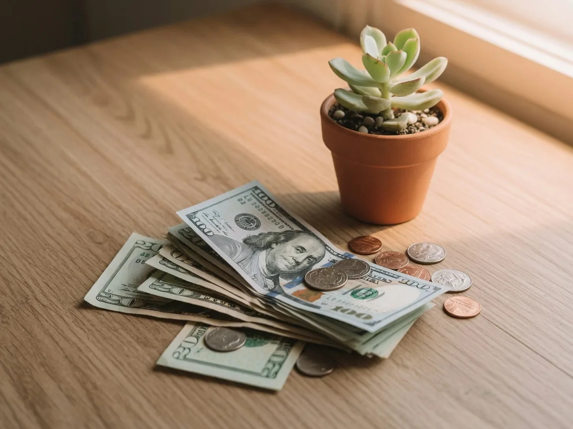 Stack of currency and coins on a wooden table representing financial savings for a home purchase