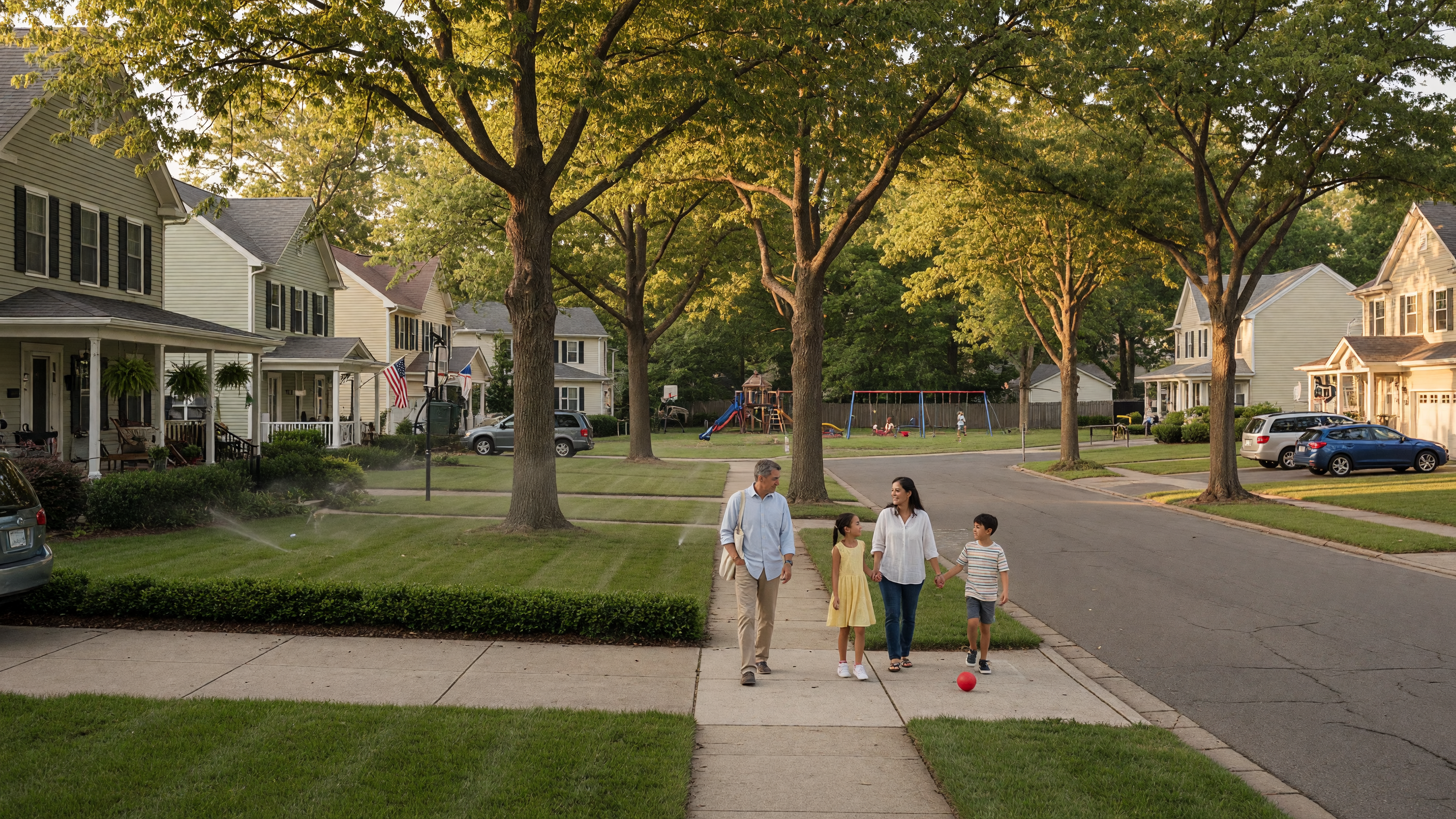 A family walking together through a tree-lined suburban neighborhood with well-kept homes and green lawns