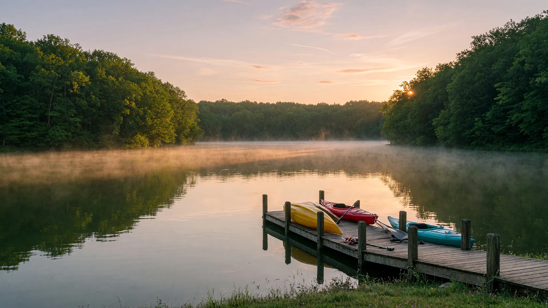 A serene morning at Cowan Lake State Park near Wilmington, Ohio with golden sunlight reflecting off the water and a wooden dock leading into the lake