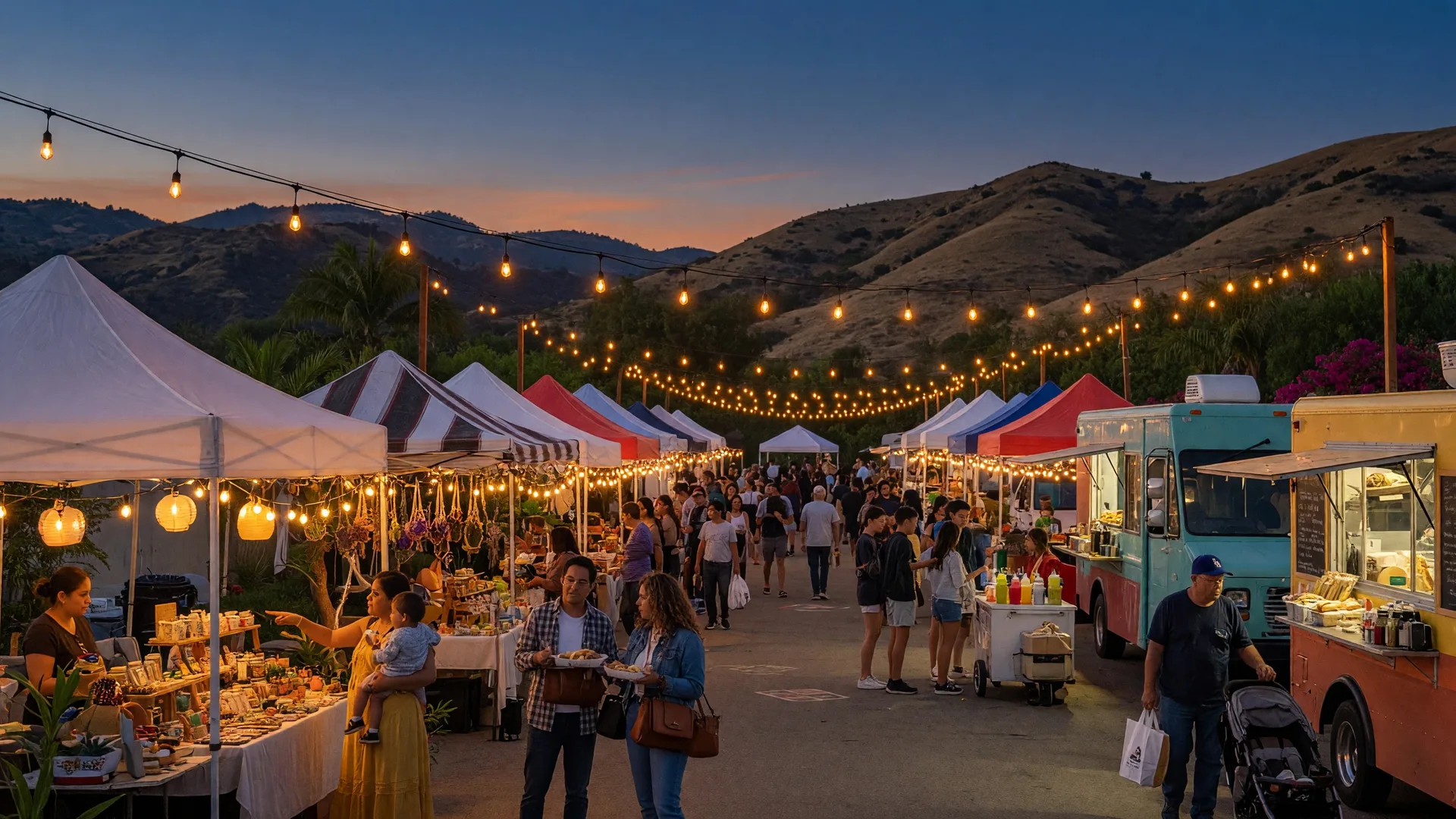 Outdoor night market scene with string lights, vendor stalls, and families enjoying food and shopping at dusk