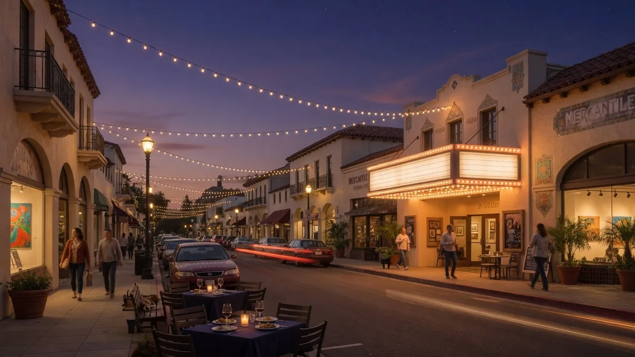 Old Town Newhall main street at dusk with glowing marquee lights