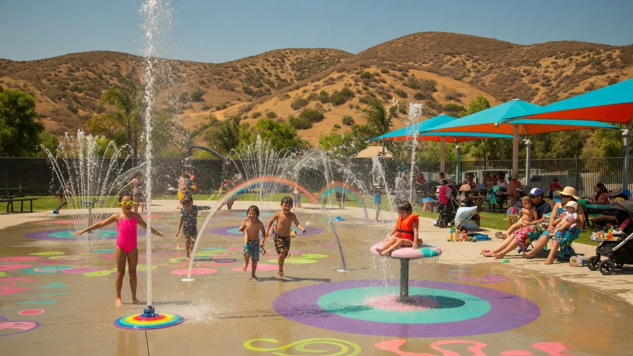 Families enjoying a splash pad on a sunny summer day in Santa Clarita Valley